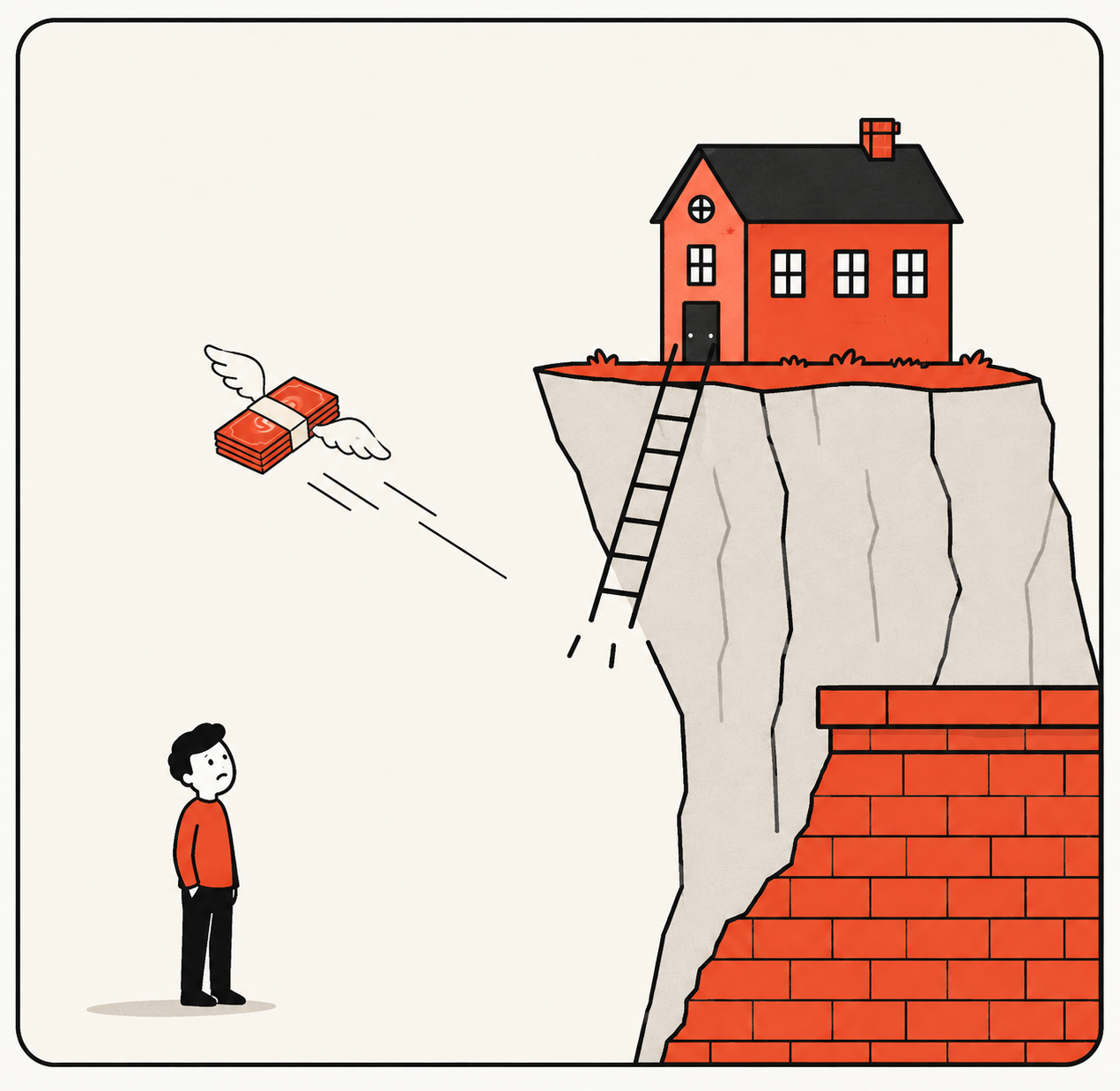 A house on a clifftop with a ladder that no longer reaches the ground and money flying away, illustrating home ownership out of reach